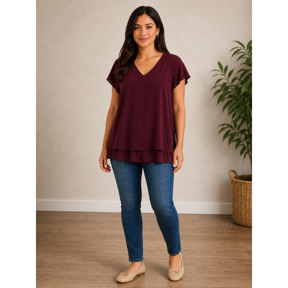 Womens Apt 9 Burgundy Blouse 1X Plus V Neck Layered Hem Short Sleeve